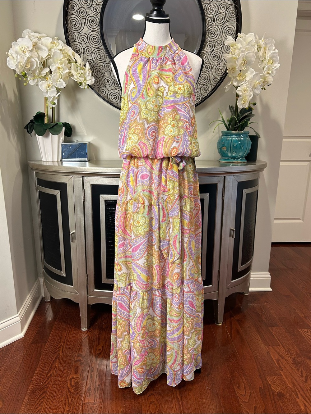 julia jordan Paisley Halter Maxi Dress in Pink, Yellow and Cream